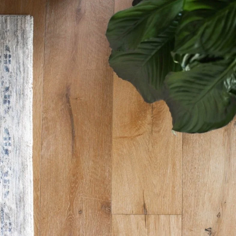 Wood-look flooring sample with rug and plant detail from Cottage Supply